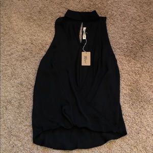 Black choke neck, open deep v sleeveless blouse. S